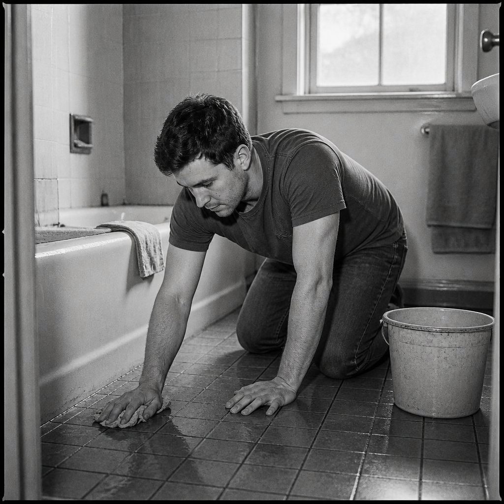 A man kneeling on a bathroom floor, scrubbing the tiles beside a bucket
