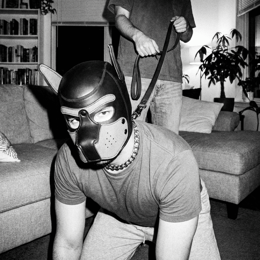 Human puppy play: a person wearing a puppy hood and chain collar on all fours, their Handler standing behind holding the leash