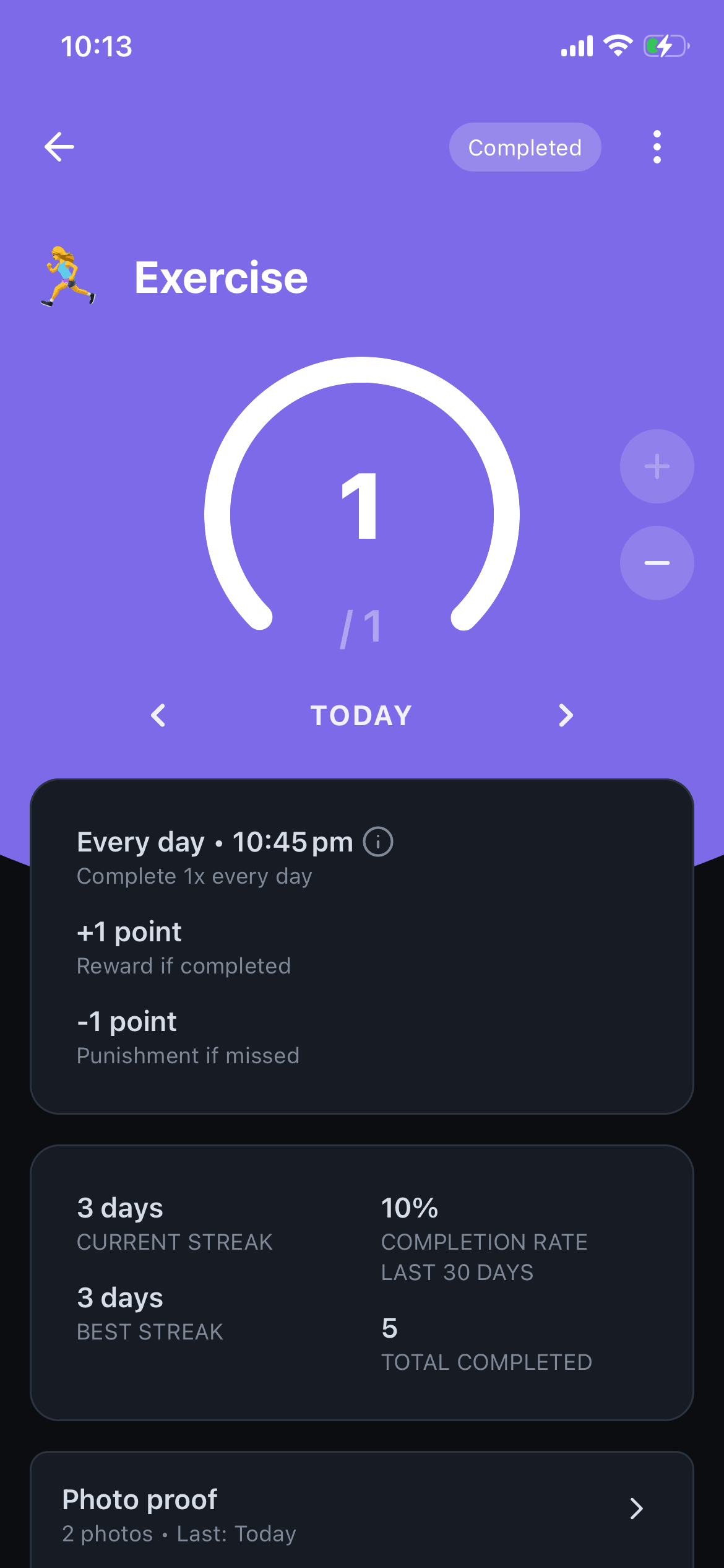 Collared habit details for an exercise habit, with its schedule, points, current and best streak, completion rate, and total completed