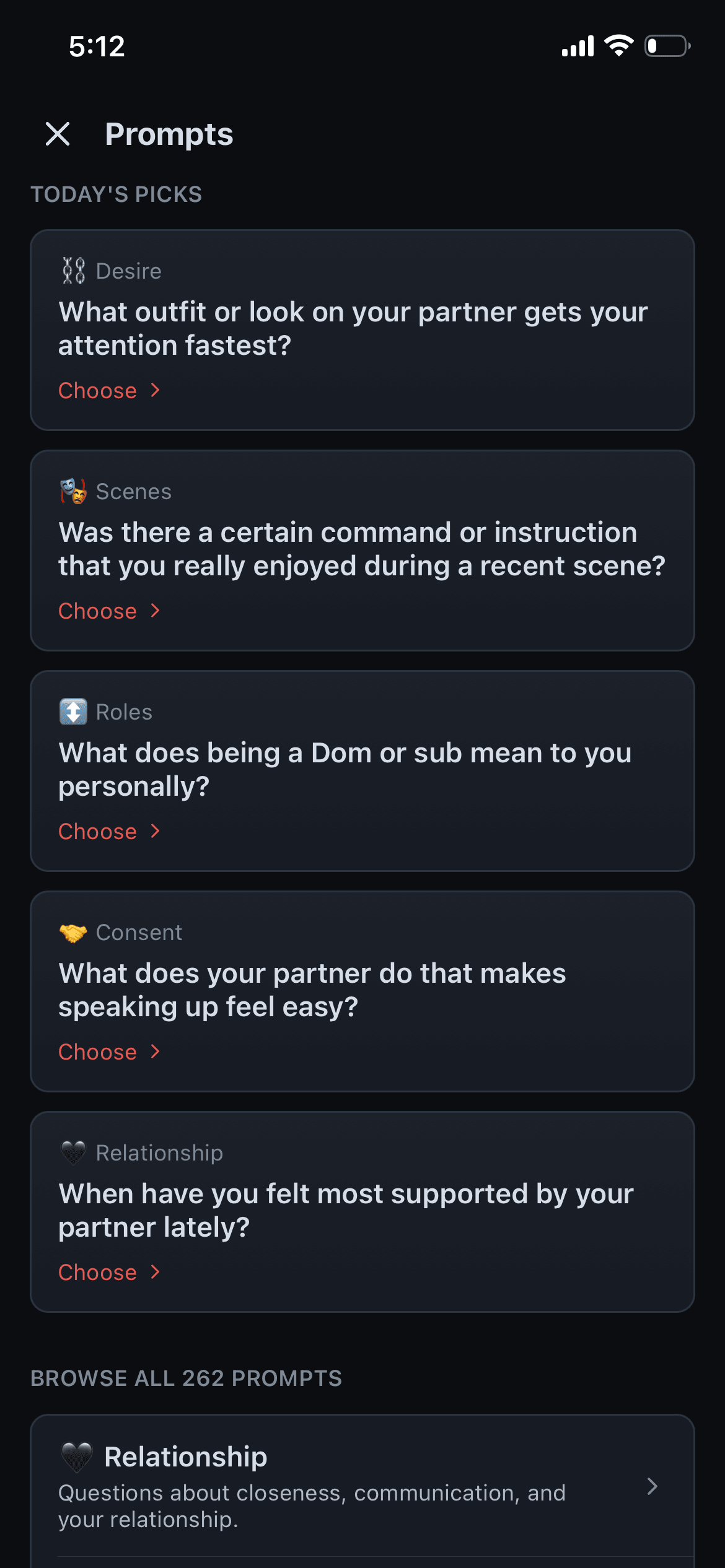 The Prompts screen in Collared, showing today's picks across Desire, Scenes, Roles, Consent, and Relationship above a browsable library of all 262 prompts
