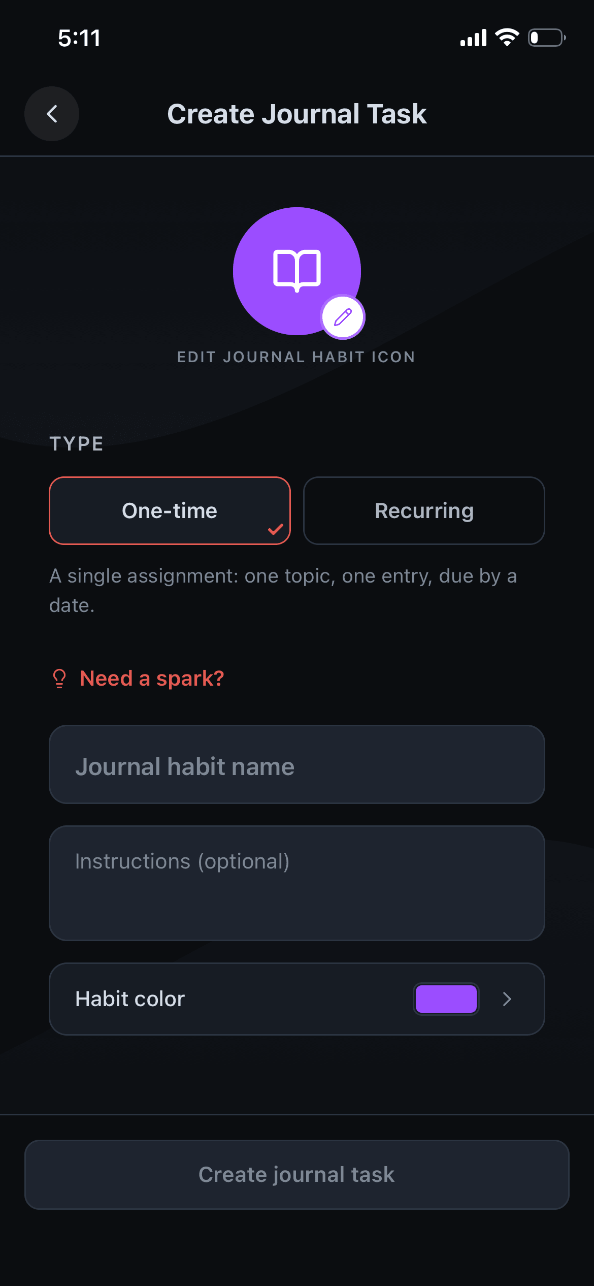 The Create Journal Task screen in Collared, with One-time and Recurring options, a name field, and optional instructions