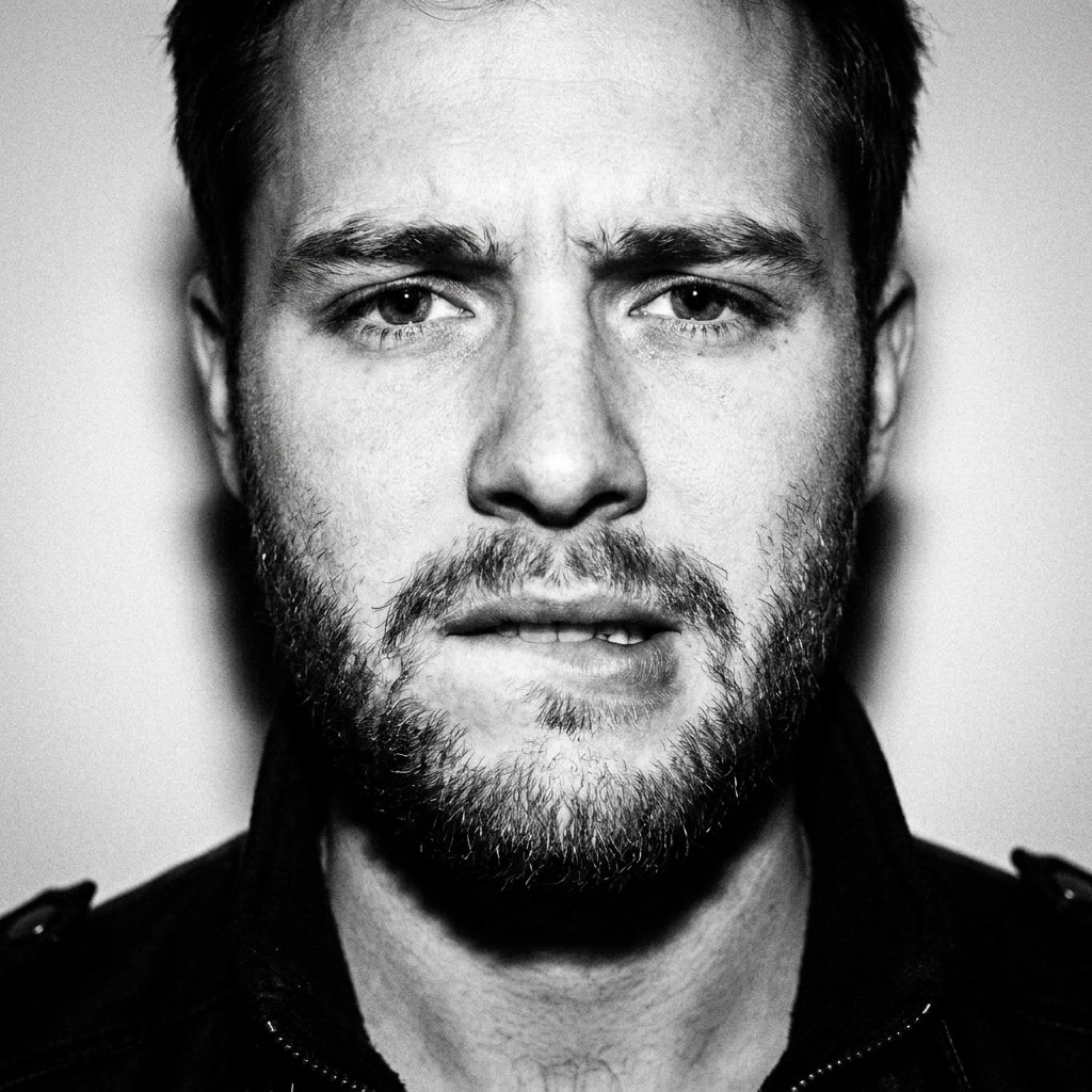 A close-up black-and-white portrait of a bearded man looking into the camera