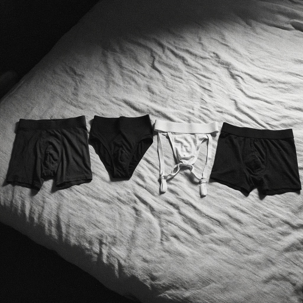 Four pairs of men's underwear laid out in a row on a rumpled bed