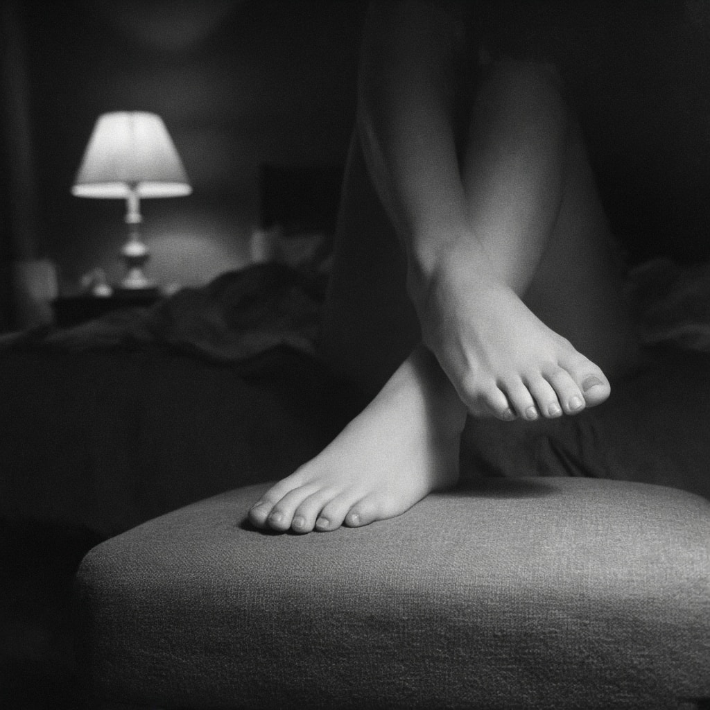 A woman's bare feet crossed at the ankles, resting on an ottoman in a dim, lamplit bedroom