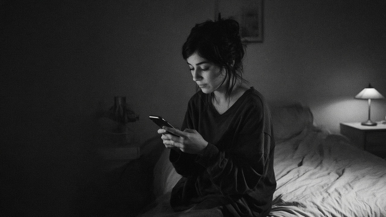 A woman sitting on the edge of a bed at night, lit by a lamp, holding her phone as if directing a call