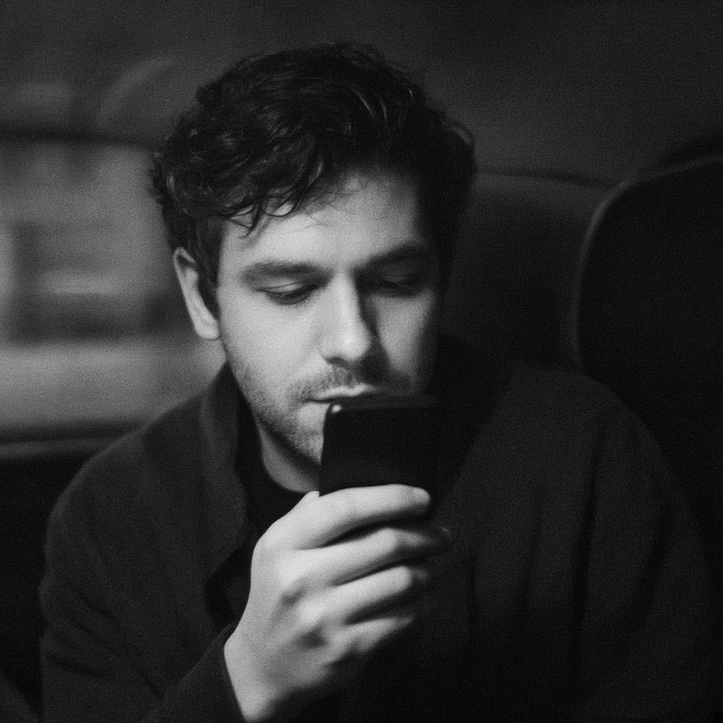 A man at night holding his phone to his mouth, eyes lowered, recording a voice note