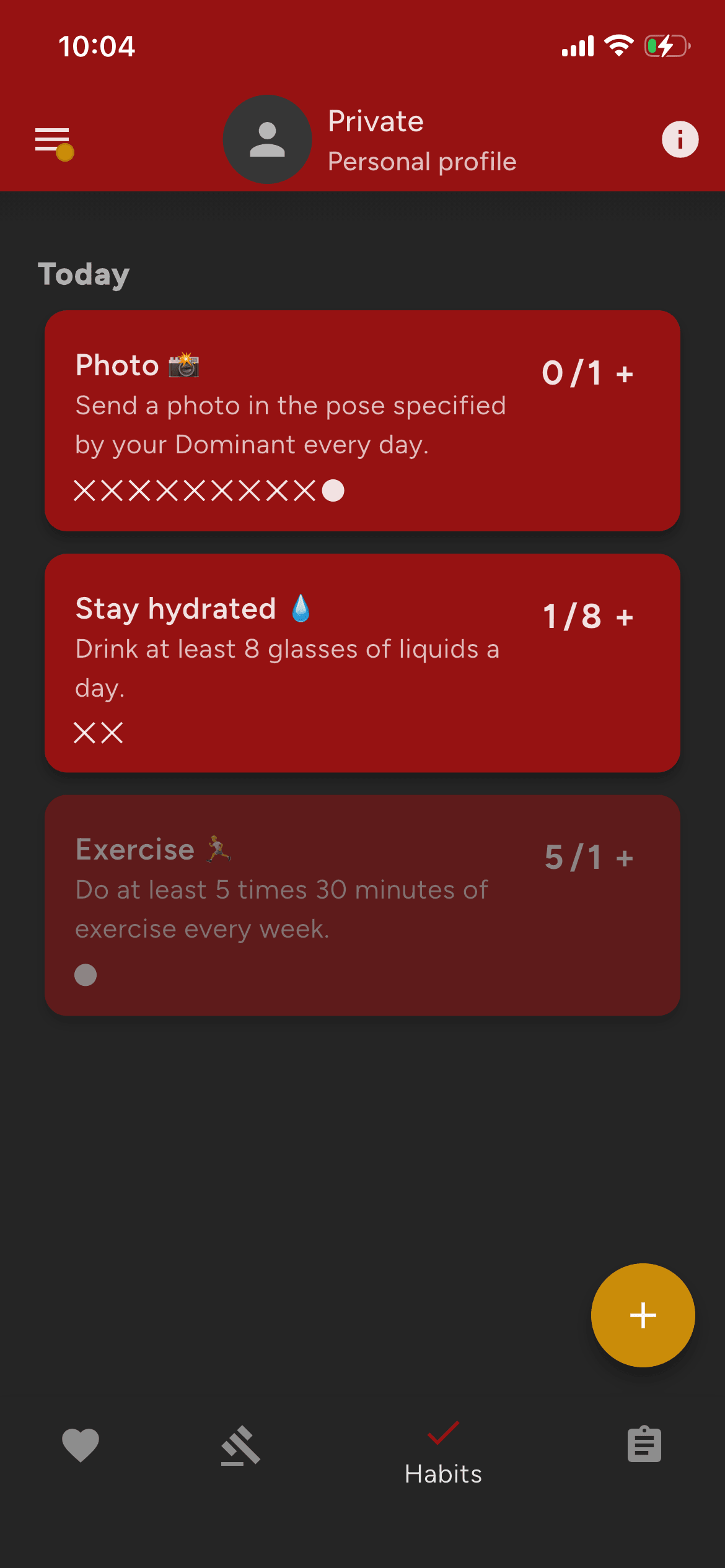 The Obedience habits screen, showing today's habits with no calendar or daily report