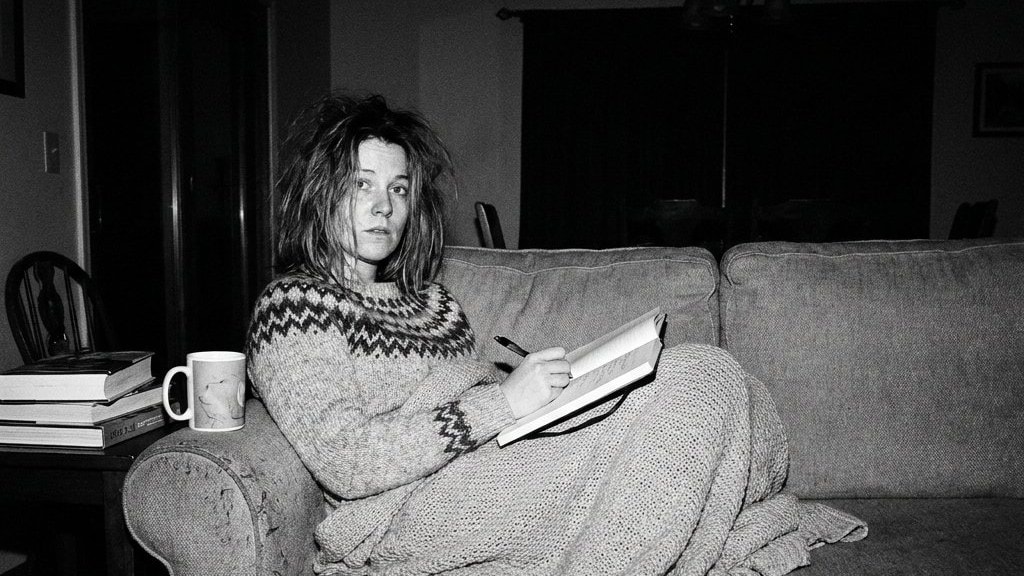 A person wrapped in a blanket on a sofa, writing in a journal by lamplight