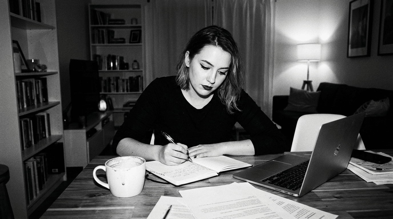 A person writing by hand in an open notebook at a table in a dimly lit room, with a coffee mug, a laptop, and loose papers around them