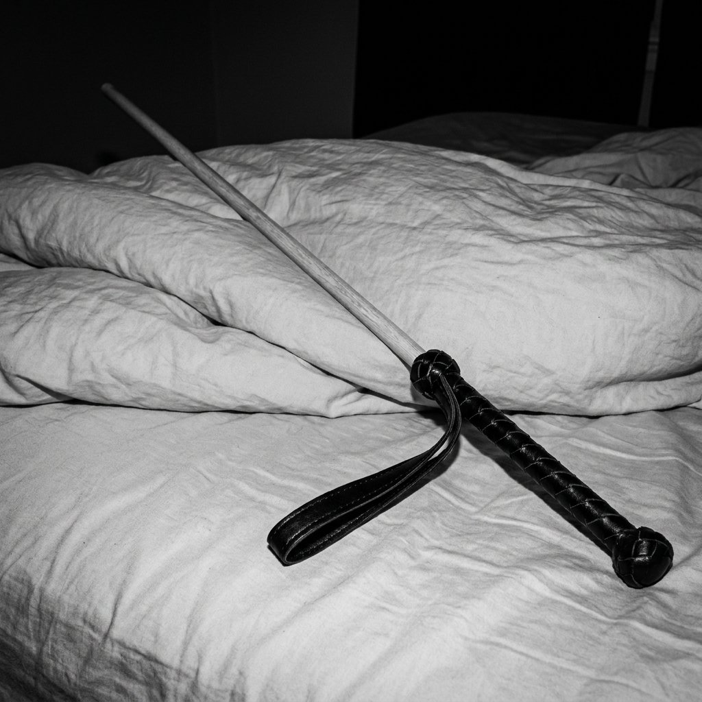 A rattan cane with a braided leather handle lying on rumpled white sheets