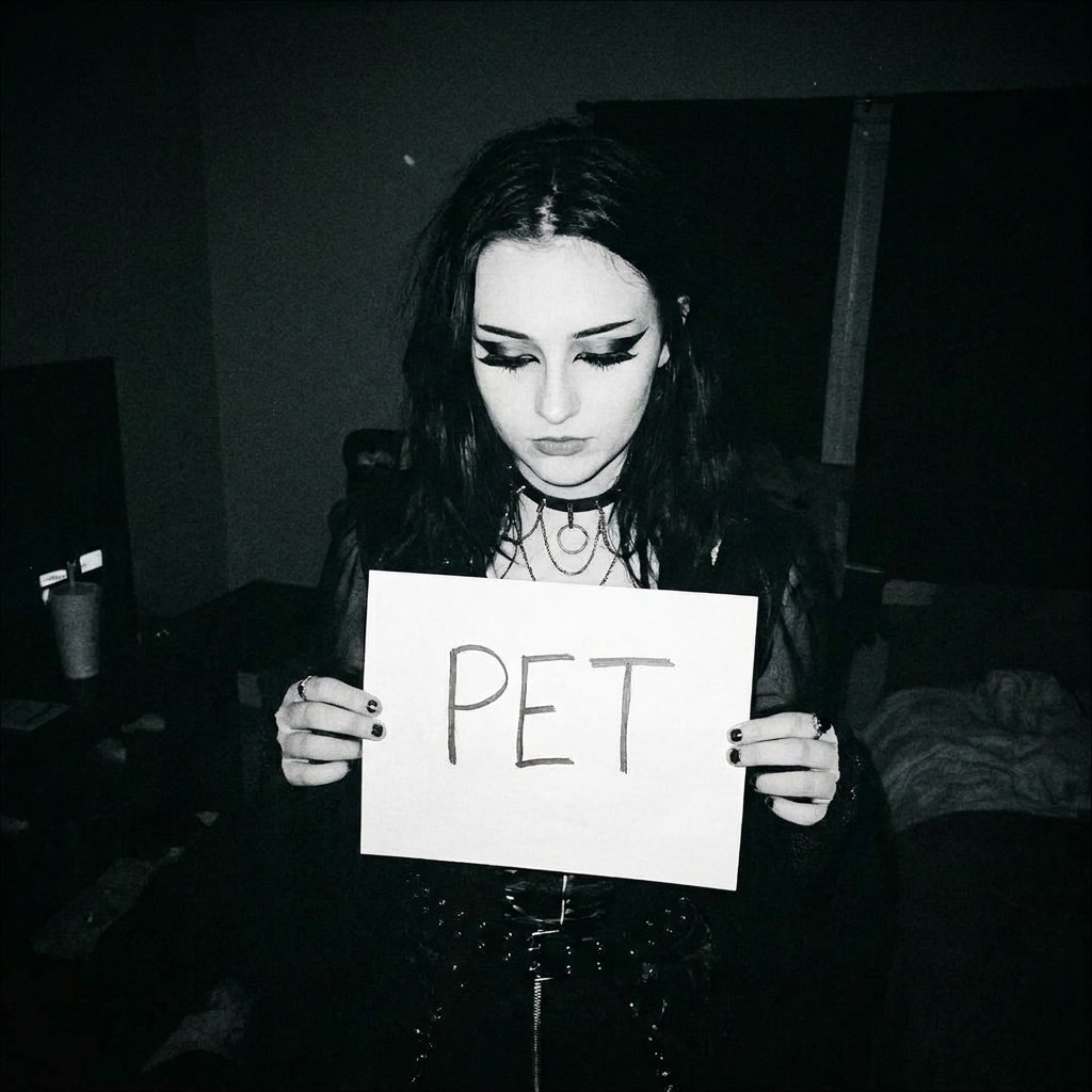 A woman looking down while holding a handwritten sign that reads PET