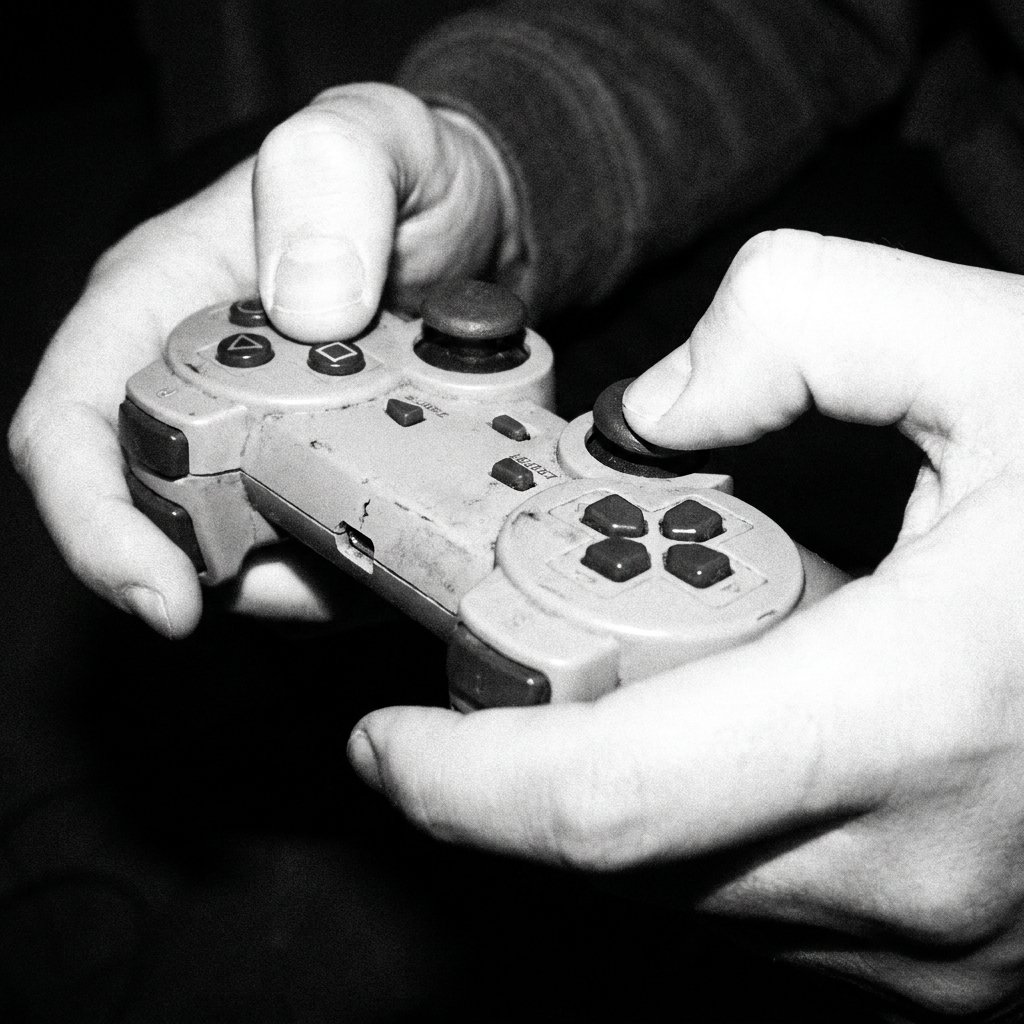 Two hands holding a worn PlayStation controller