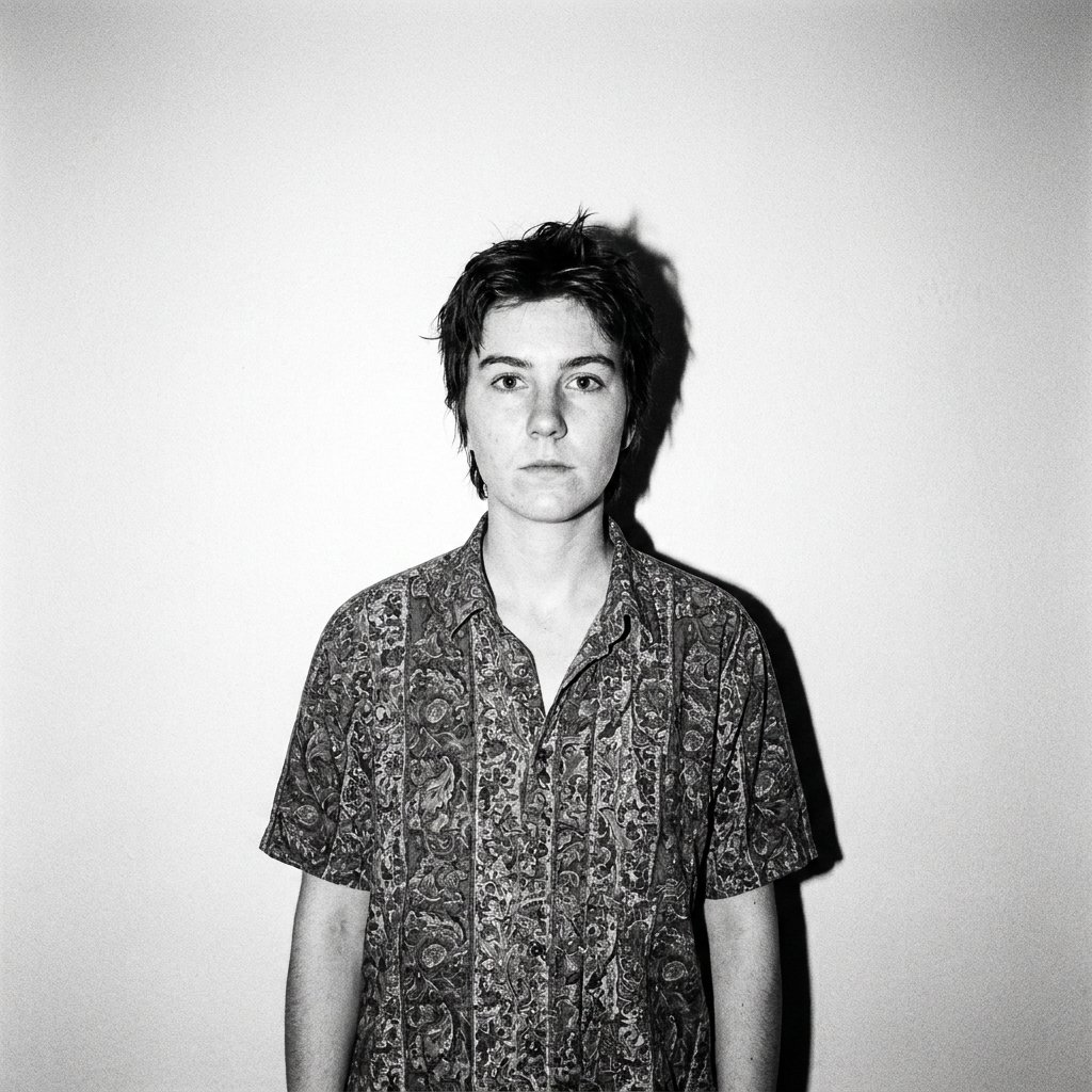 A person with short hair standing still against a white wall, looking straight at the camera