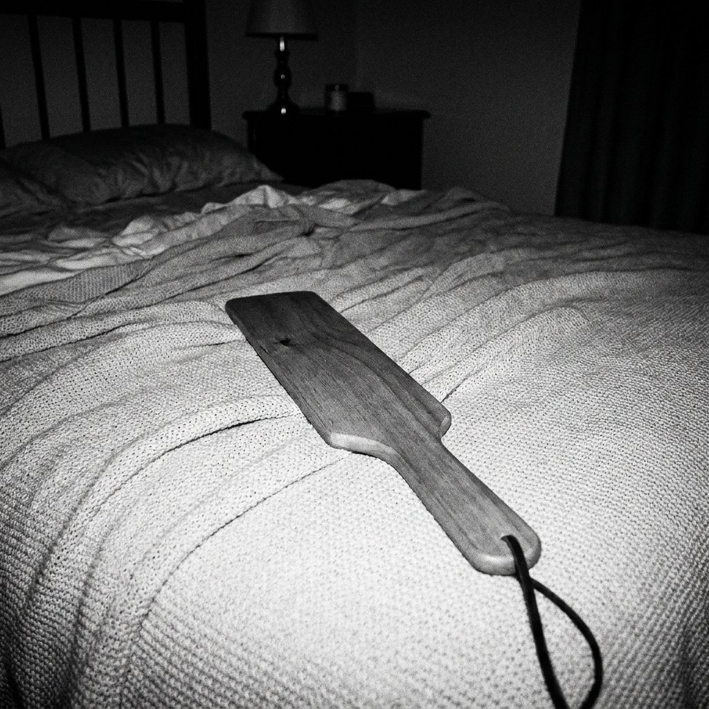 A wooden paddle lying on a rumpled bed under a bedside lamp