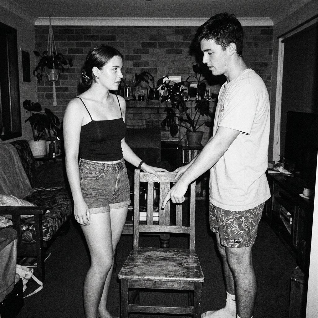 A woman and a man standing on either side of a wooden chair in a living room, the man pointing at the chair