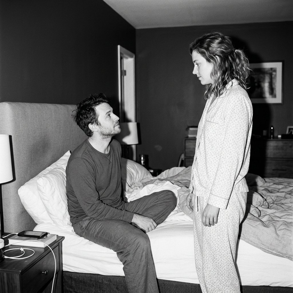 A man sitting on the edge of a bed looking up at a woman in pajamas standing beside him