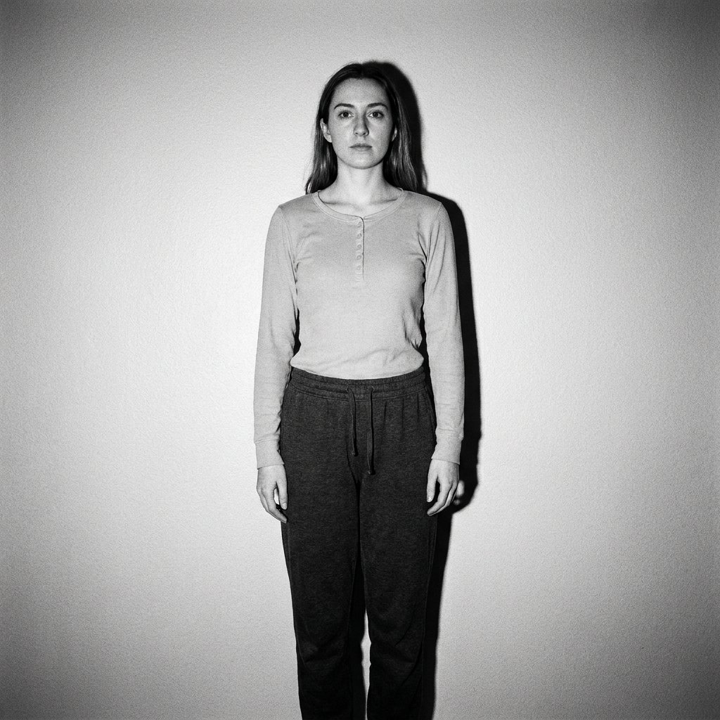A woman standing straight against a plain wall in a long-sleeved top and soft trousers, arms at her sides, looking directly ahead
