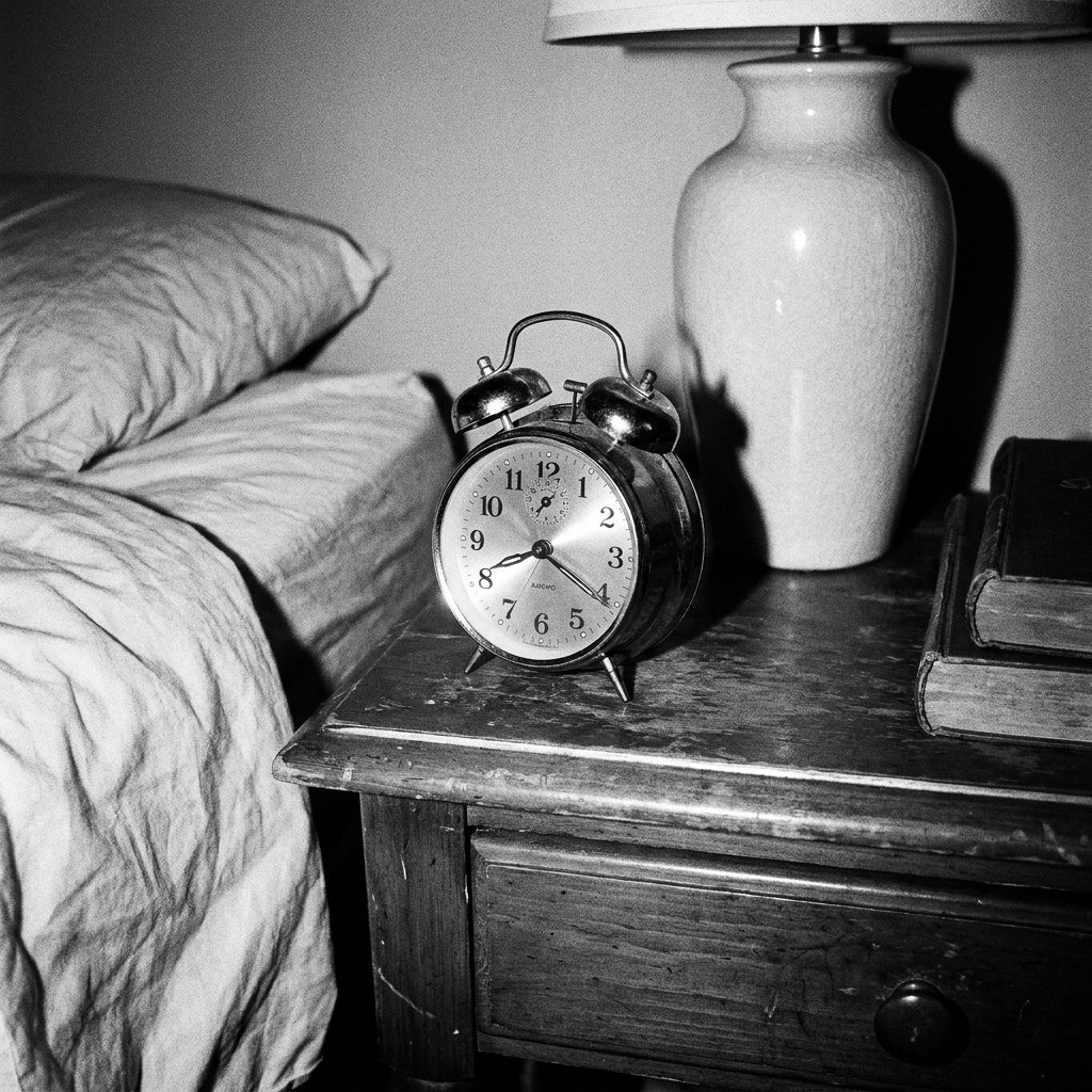 A wind-up alarm clock on a wooden nightstand beside an unmade bed