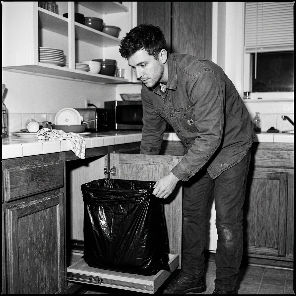 A man in a canvas work jacket leaning down to pull a bin out from under a kitchen counter, with washed dishes drying on the tiled counter behind him