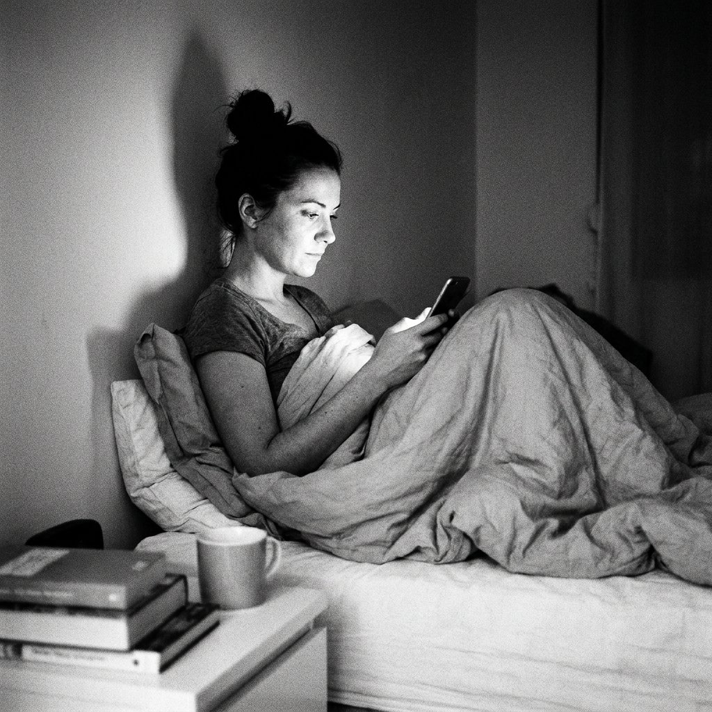 A woman sitting up in bed at night, lit by her phone screen as she writes or reports