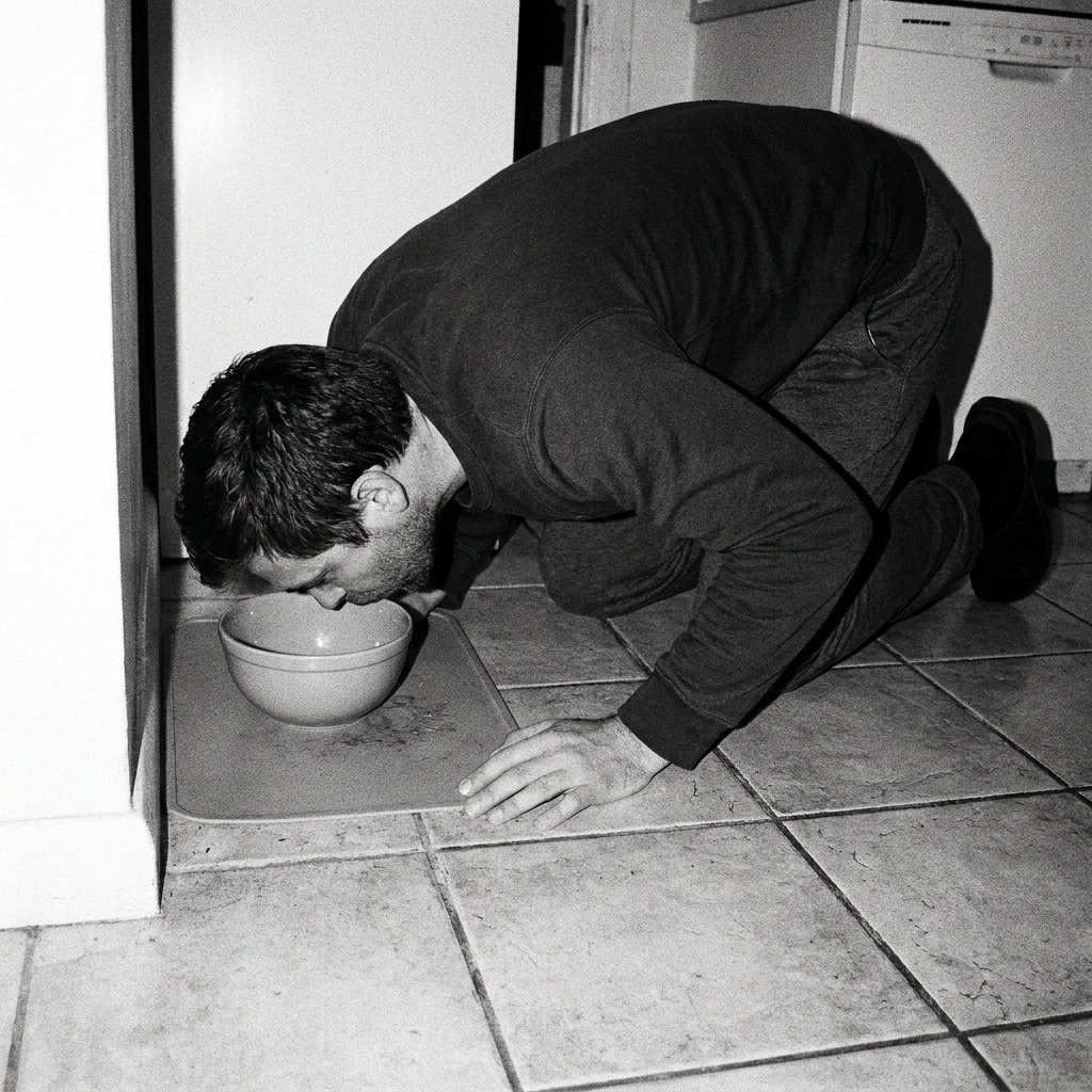 A man on his hands and knees on a kitchen floor, eating from a bowl on a mat
