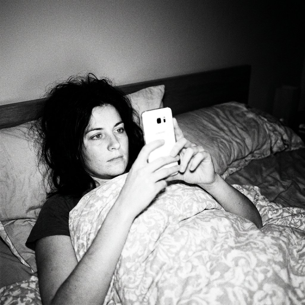 A woman lying in bed under a patterned duvet, looking at a phone held in both hands