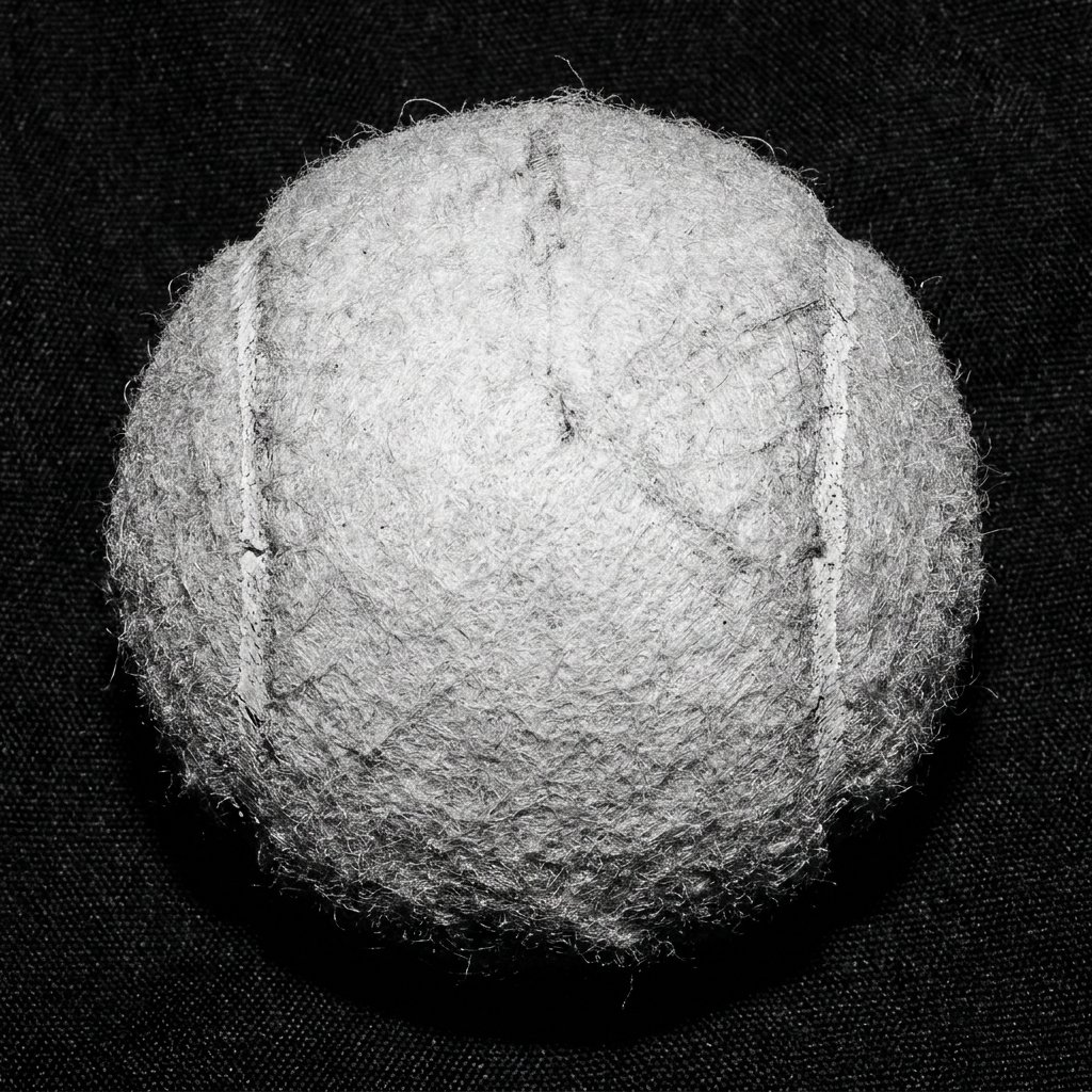 A tennis ball in close-up on a dark surface