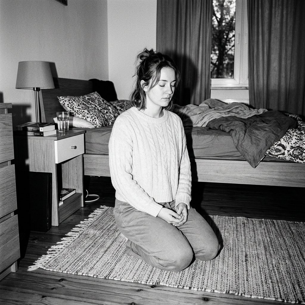 A woman kneeling on a rug at the foot of a bed with her eyes lowered, a glass of water on the nightstand