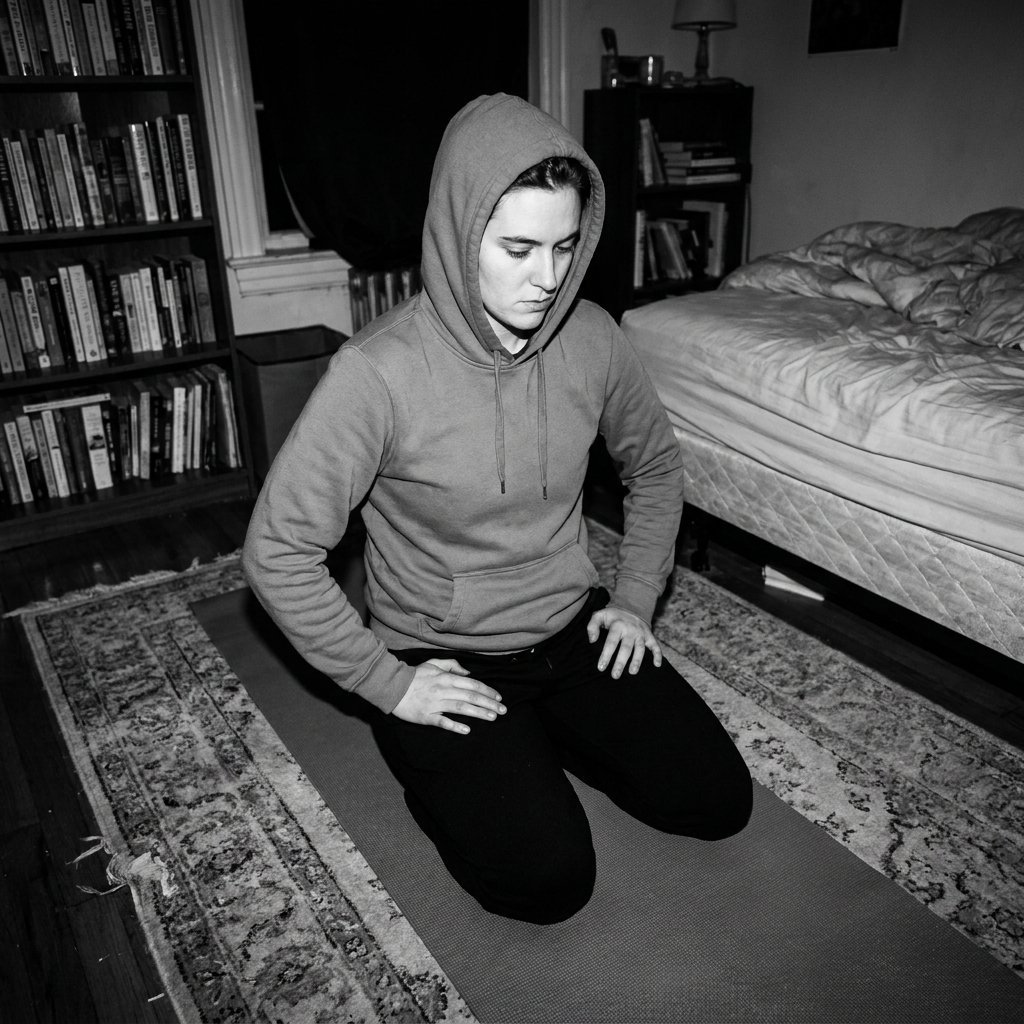 A person in a hooded sweatshirt kneeling upright on a mat beside a bed, hands resting on their thighs and eyes lowered