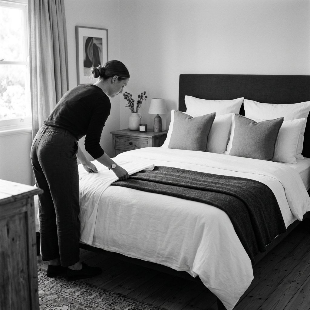 A woman smoothing a white sheet on a made bed with a dark runner and pillows