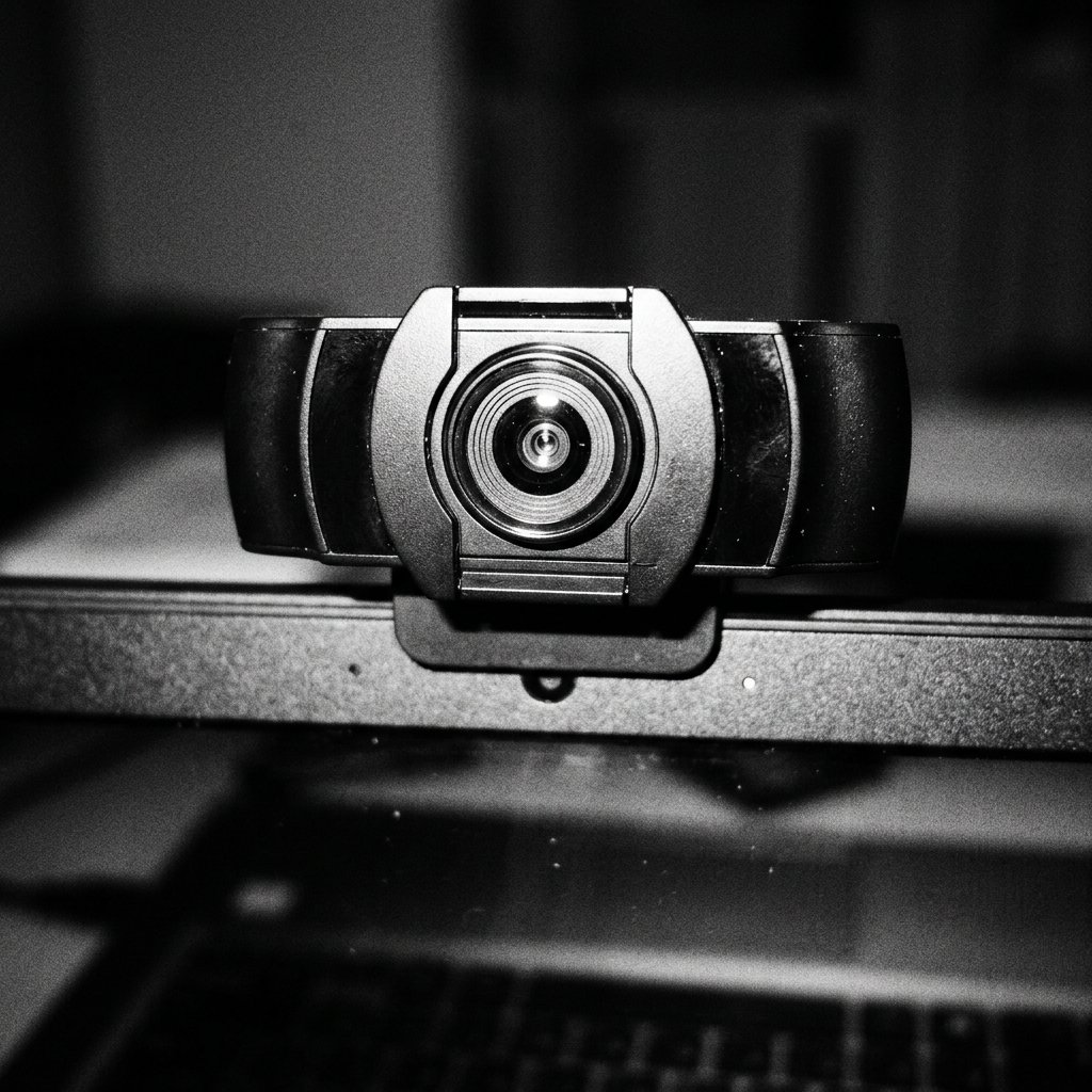 A webcam clipped to the top of a monitor in a dark room