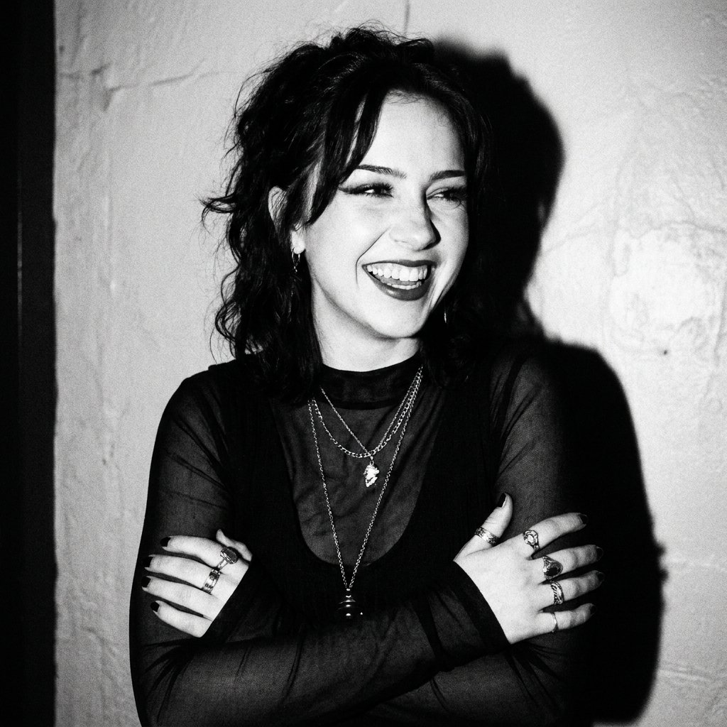 A woman laughing with her arms crossed, looking off to one side