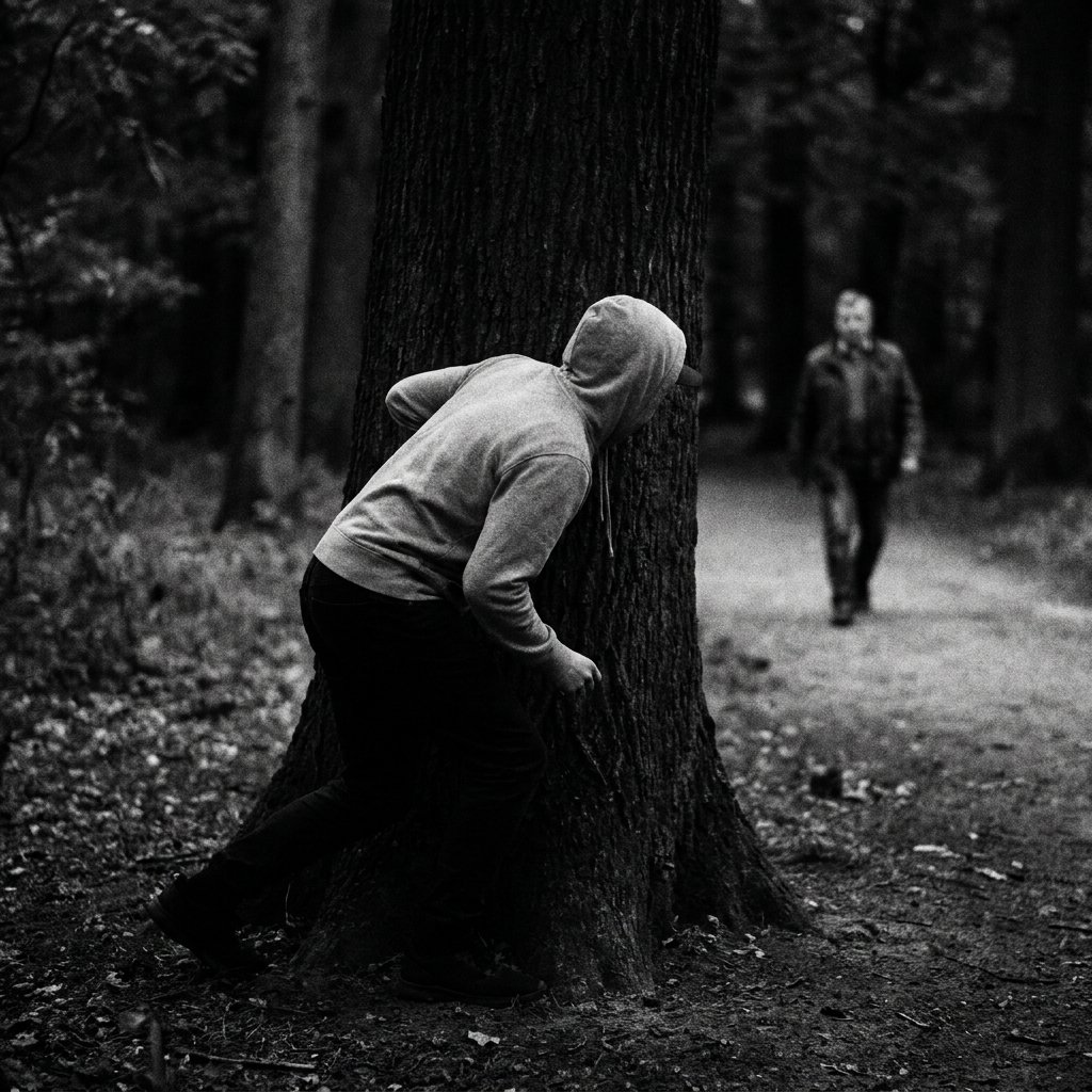 A person in a hoodie hiding behind a tree on a forest path while another person walks toward them