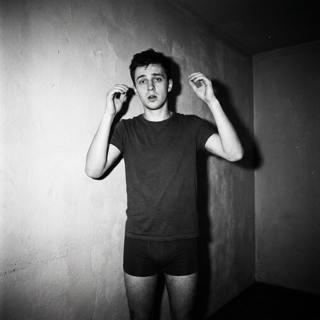 A man standing in the corner of a bare room in a t-shirt and underwear, arms raised, waiting to be looked at