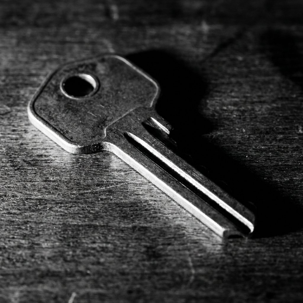 A single metal key resting on a dark, scratched wooden surface