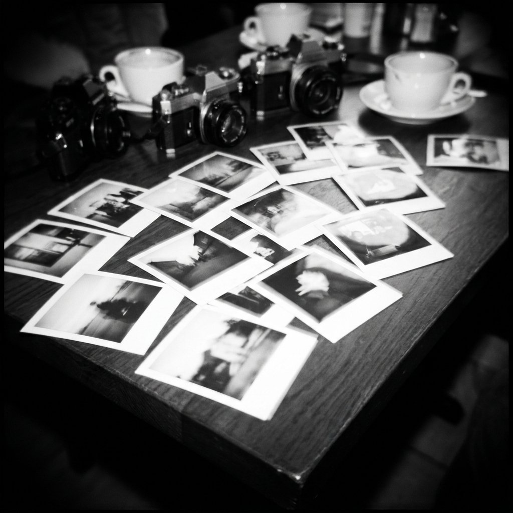Instant photos spread across a table beside two film cameras and coffee cups