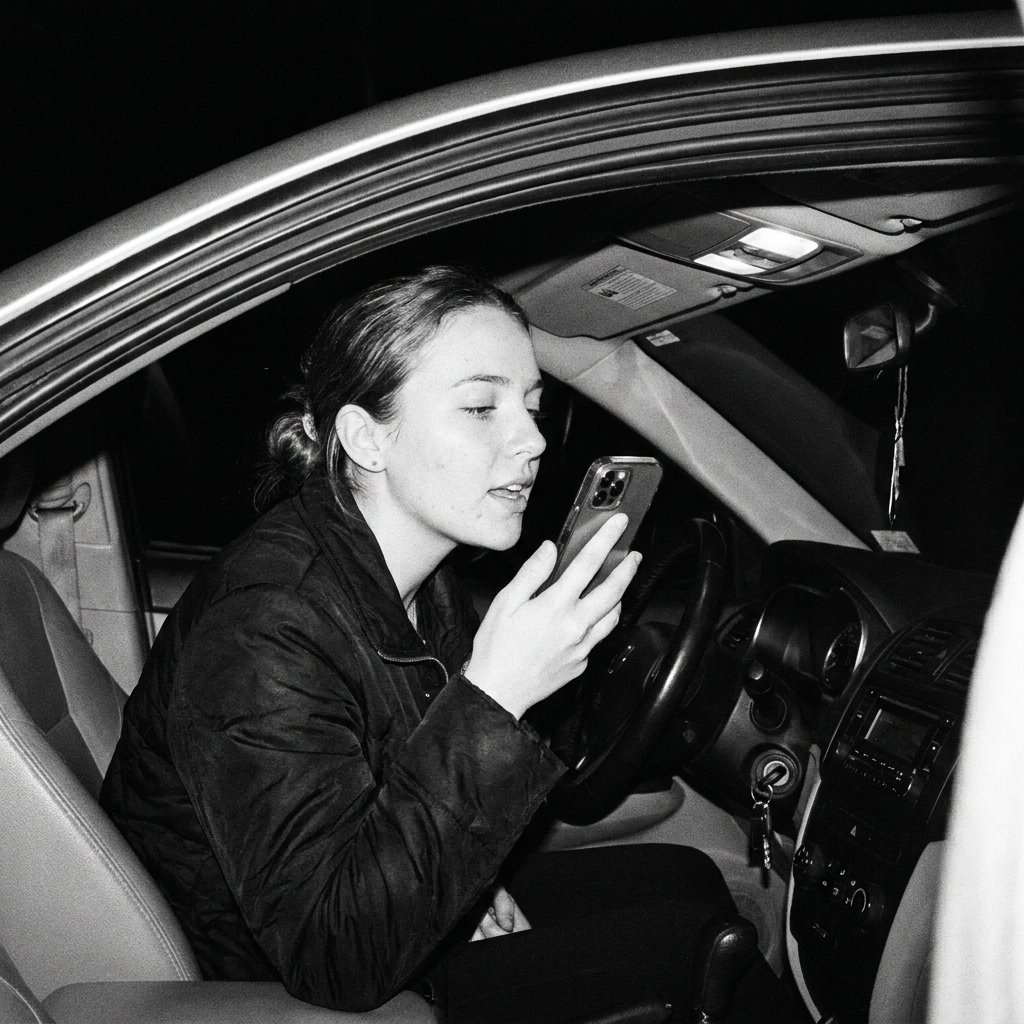 A woman in a car at night holding her phone up, recording or sending a message