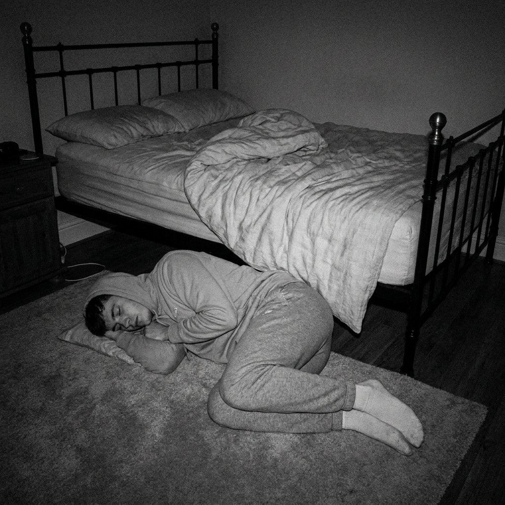 A person asleep on a rug on the floor beside an empty bed