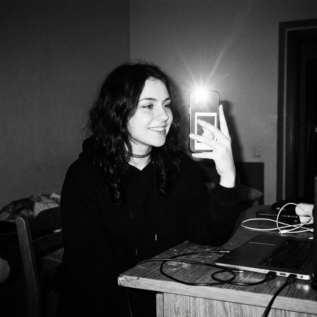 A woman at a laptop at night holding up her phone, lit by its flash