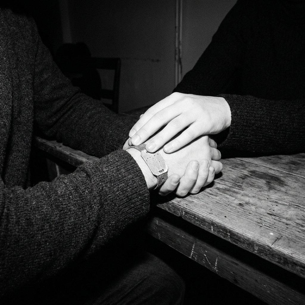 A person's cuffed hands resting in their lap